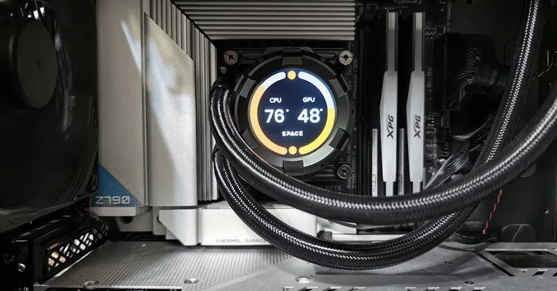 Close-up view of advanced PC hardware with visible GPU and cooling system in detail.