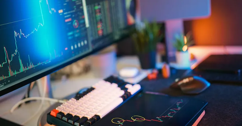 Modern workspace with screens displaying cryptocurrency market data and trends.