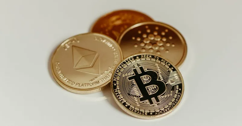 Cryptocurrency coins representing Bitcoin, Ethereum, and Cardano on a white background.