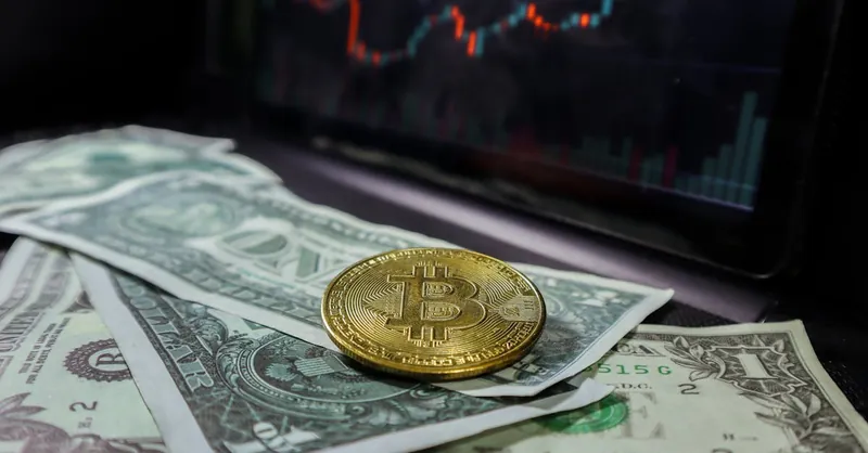A bitcoin coin placed on US dollar bills with a stock market chart in the background.