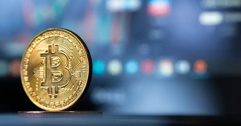 Gold Bitcoin coin with blurred financial chart in background, representing cryptocurrency trading.