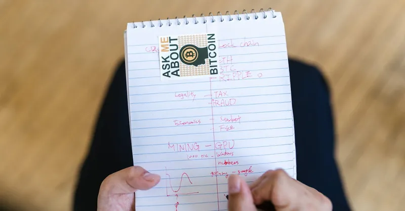 Close-up of a person writing notes about bitcoin and cryptocurrency on a notepad.