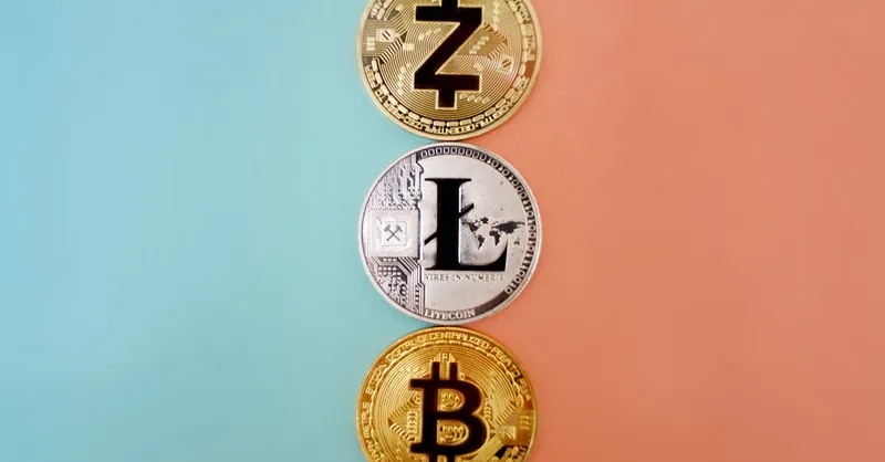 Colorful display of Zcash, Litecoin, and Bitcoin coins on gradient background.
