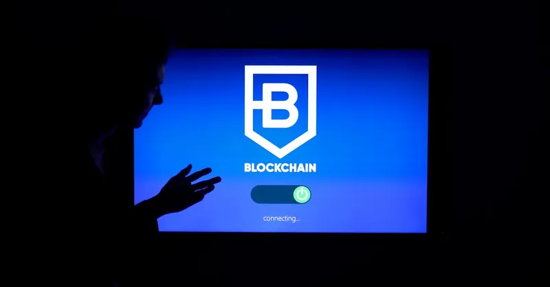 Silhouette of a person interacting with a blockchain technology display screen, showcasing digital innovation.