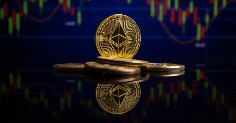 Ethereum coins on reflective surface with stock market chart behind, showcasing cryptocurrency trading.