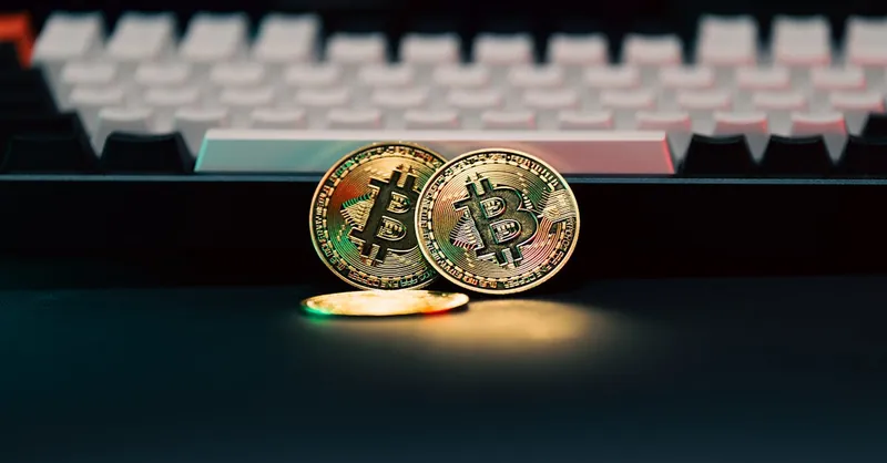 Golden Bitcoin coins in front of a keyboard, symbolizing digital currency and finance