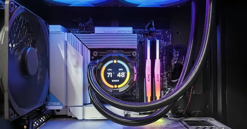 Close-up of a high-performance gaming PC showcasing RGB cooling fans, GPU, and hardware components.