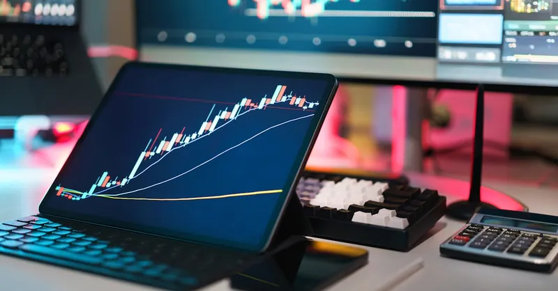 A comprehensive setup featuring digital trading platforms with charts and graphs for financial analysis.