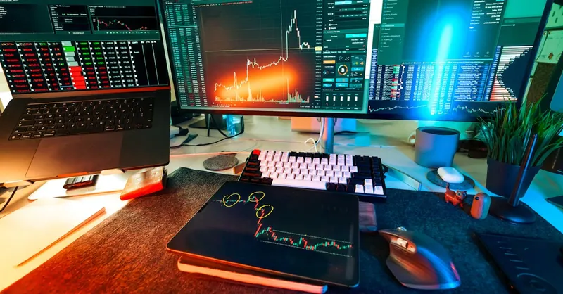 Vibrant trading setup with multiple screens displaying cryptocurrency charts and data analysis tools.