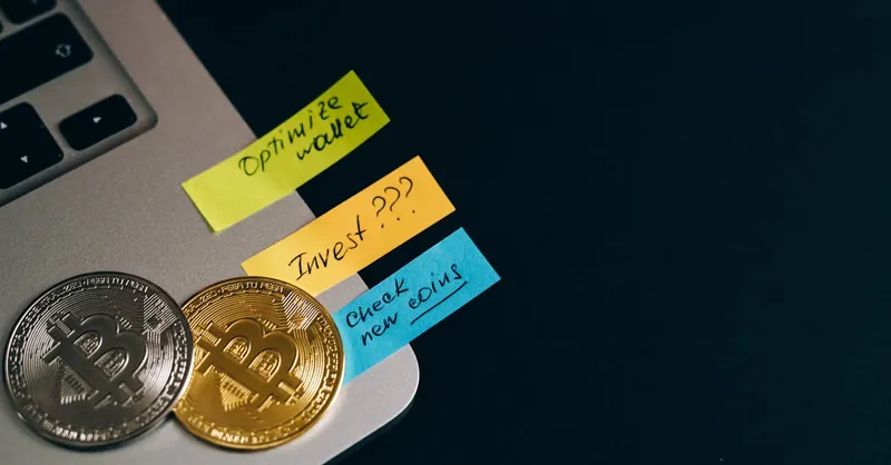 Capture the essence of cryptocurrency investments with Bitcoin coins and sticky note reminders.