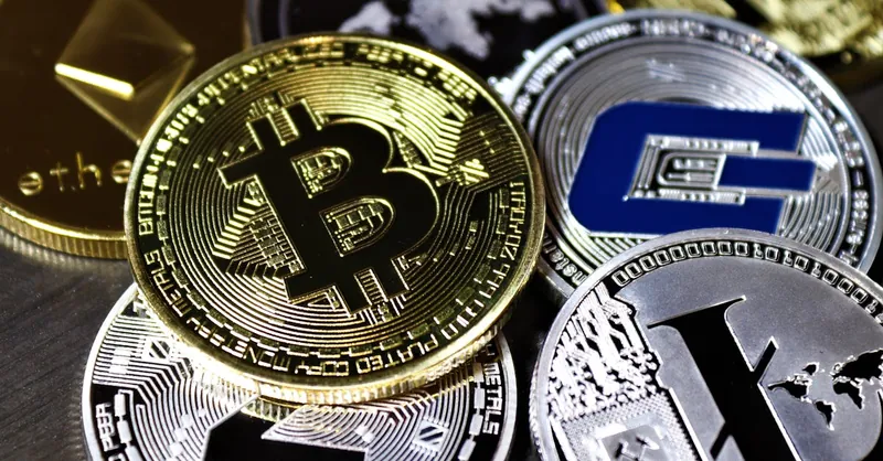 Close-up view of assorted cryptocurrency coins featuring Bitcoin, Litecoin, and others, symbolizing digital finance.