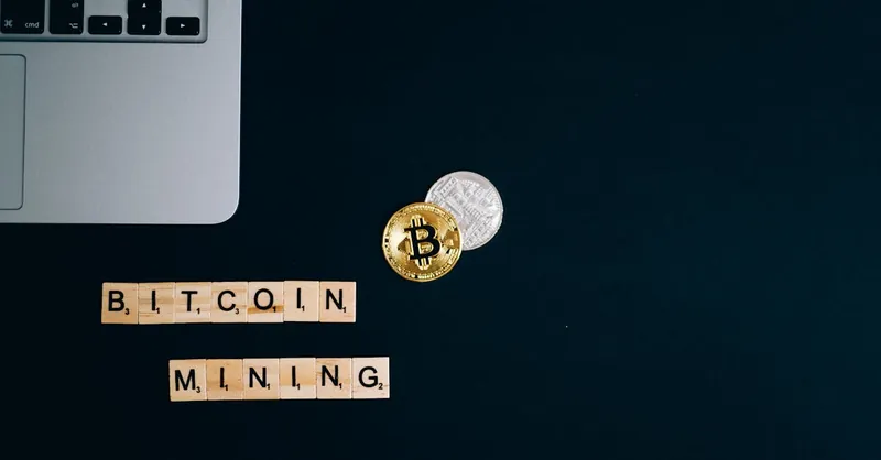 Top view of a laptop with Bitcoin coins and blocks spelling 