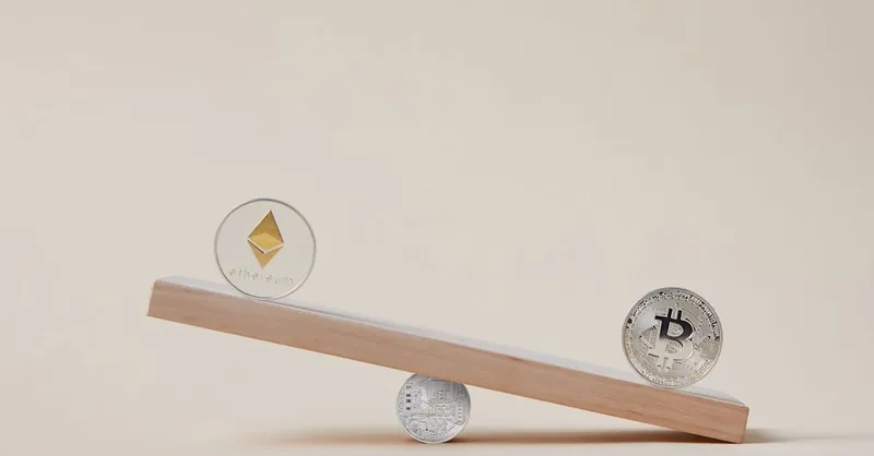 Minimalist image of Ethereum and Bitcoin coins balancing on a plank, symbolizing crypto market dynamics.