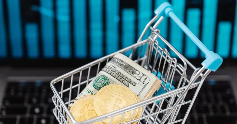 Symbolic image of cryptocurrency and cash in a shopping cart on a laptop, representing digital finance and trading.