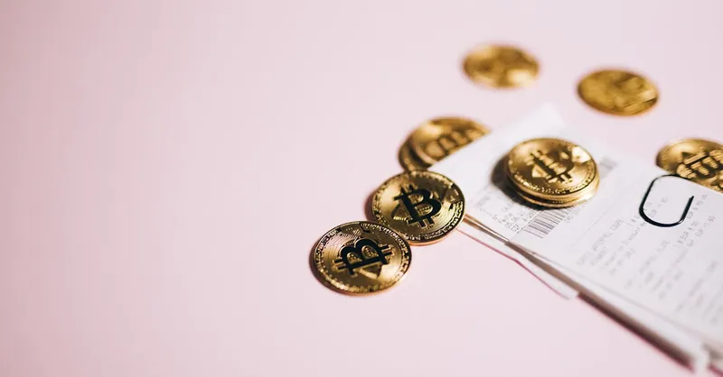 Close-up of Bitcoin coins and cash receipts on a soft pink background.
