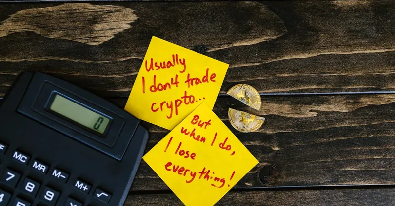 A satirical still life image depicting crypto investment risks with sticky notes, calculator, and broken coin.