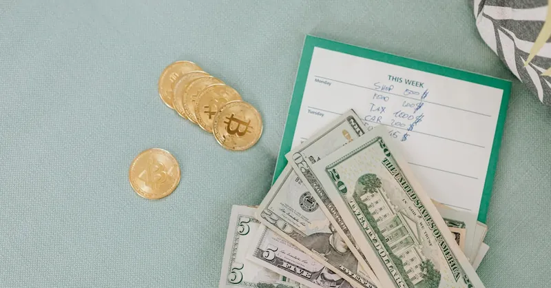 Close-up of U.S. dollars and Bitcoin coins placed on a weekly budget planner, symbolizing modern finance.