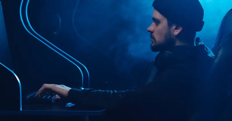 A man working on a computer in a dimly lit room, focusing on cybersecurity.