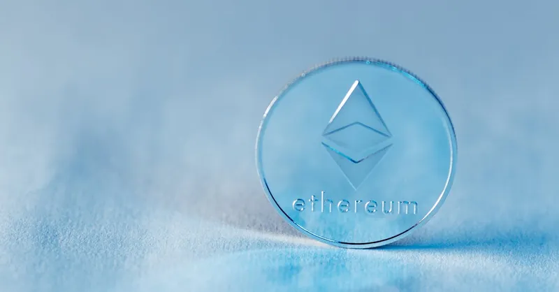 Close-up of a transparent Ethereum coin symbolizing blockchain technology and modern finance.